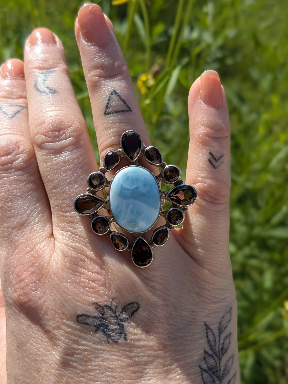 Larimar & Smoky Quartz Floral Halo Sterling Silver Ring